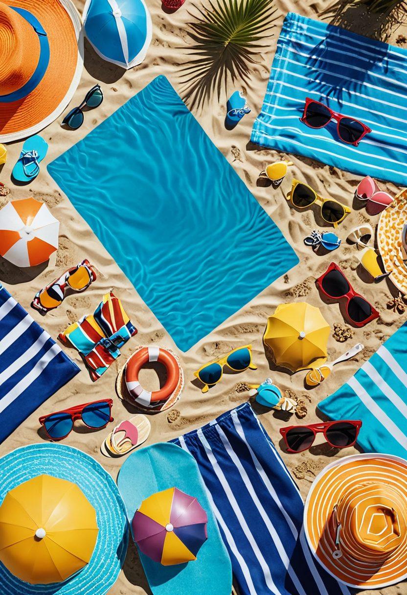 A vibrant beach scene showcasing an array of colorful swimwear, stylish UV protection gear like hats and sunglasses, and fun beach accessories such as towels and inflatable toys. Include people enjoying the sun, playing in the water, and lounging on beach chairs, with a bright blue sky and golden sand in the background. The overall mood is cheerful and inviting, signifying a perfect summer holiday. vibrant colors. 3D.